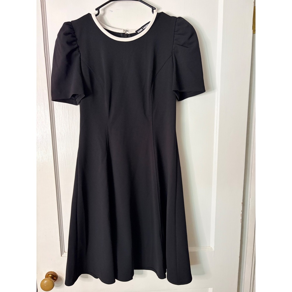 Karl Lagerfeld Paris Black White Contrast Trim Puff Sleeve Fit Flare Dress 6